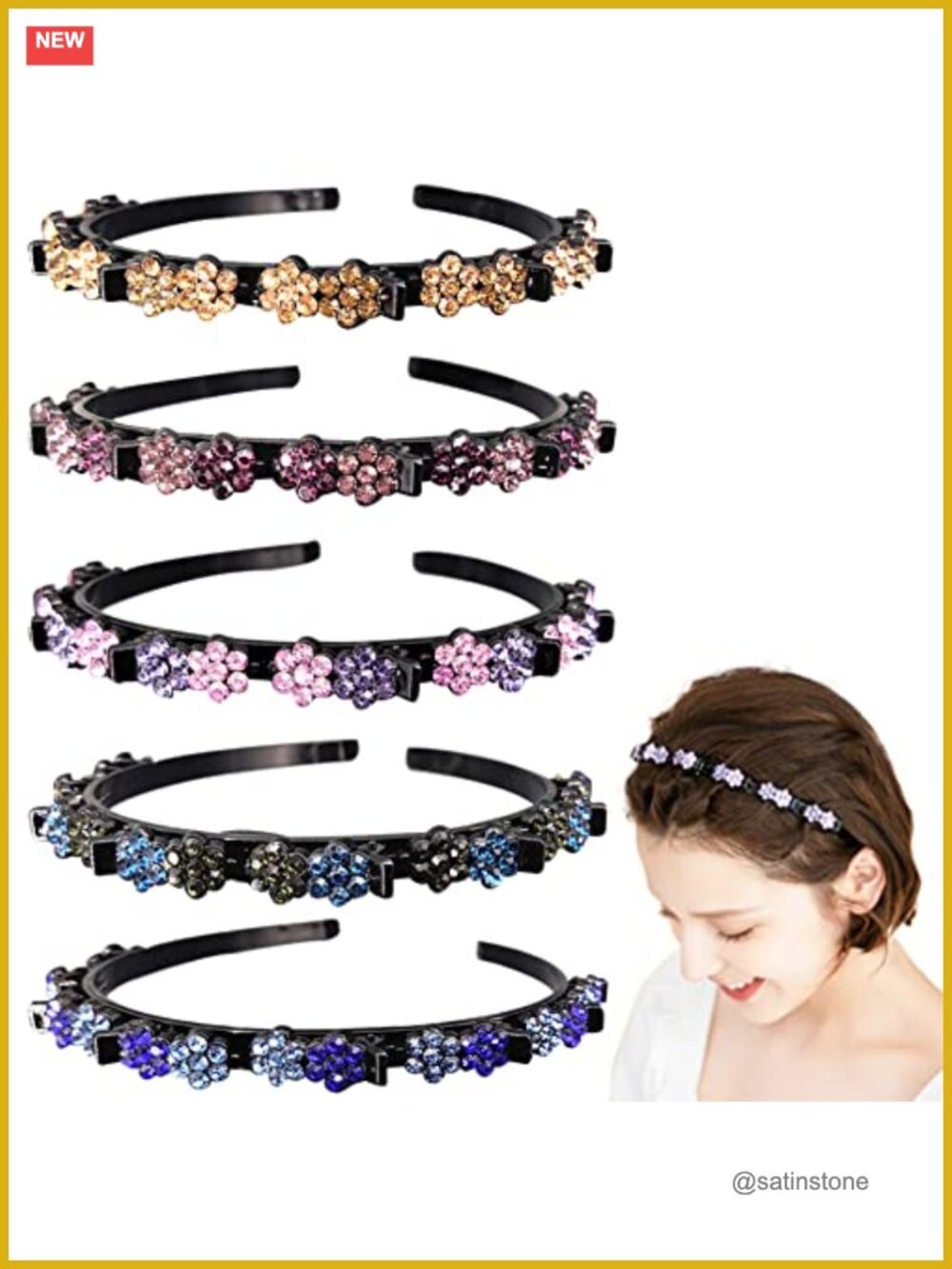 Flower Crystal Hair Band Set Double Layer Twist Plait Headband with Clips